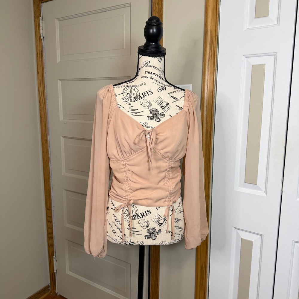 Sheer Peach Ruched Milkmaid Sheer Sleeve‎ Blouse Smocked Tie Front Top Coquette